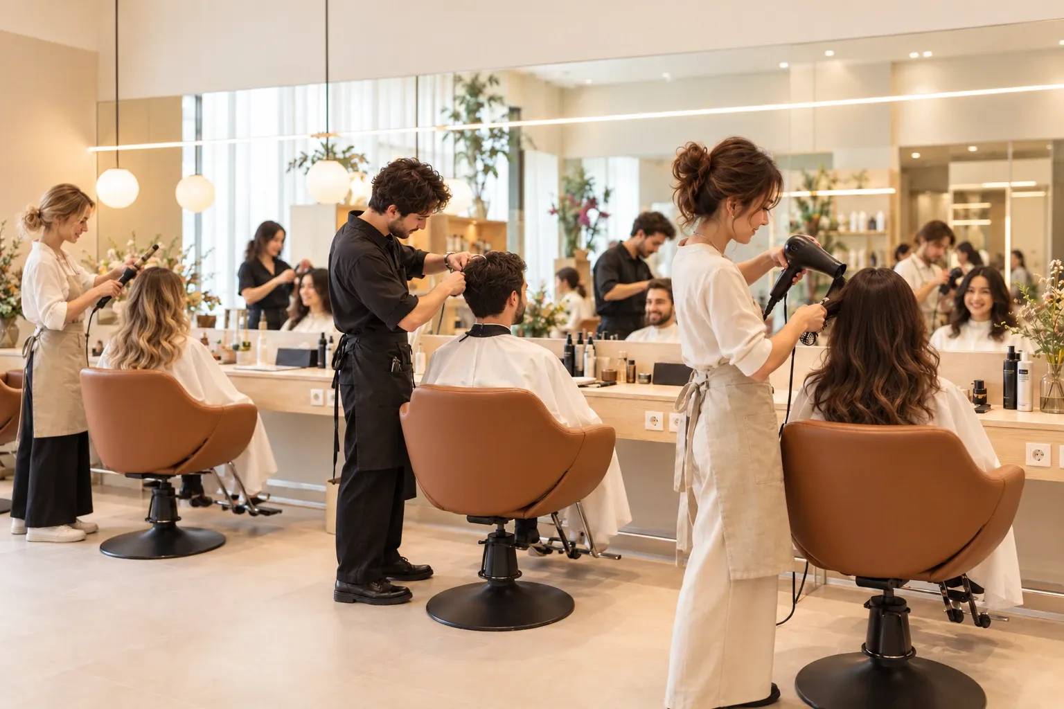 Profesionales de una peluquería atendiendo a sus clientes